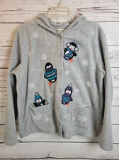 Essentials Maggie Gray Penguin Fleece Button Up Hooded Jacket Women's Size XL