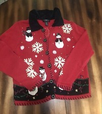 Vintage 90s Segue Red Christmas Knit Snowman Cardigan Sweater S