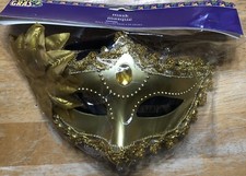 FANTASY, "GREENBIER MARDI GRAS MASK," Gold w Trim and Bow, New-Sealed