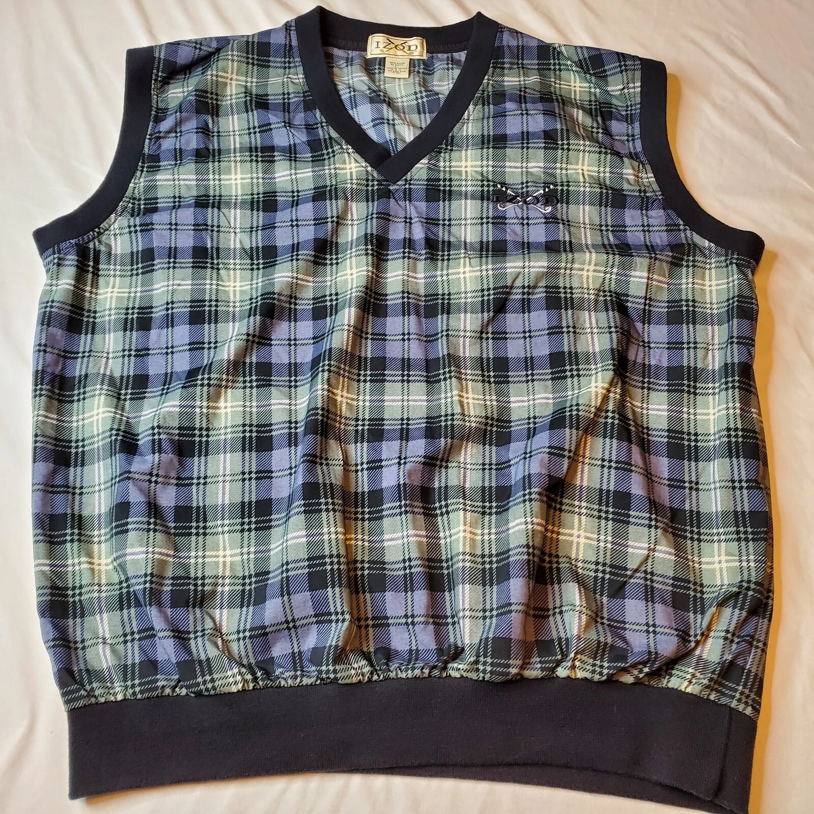 VTG IZOD Golf Vest Men's L Green Tartan Plaid Pullover Windbreaker Nylon Jacket