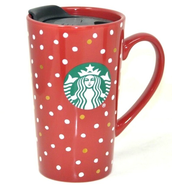 Starbucks Ceramic 14 oz Coffee Cup Travel Mug Lid Red Polka Dots 2018