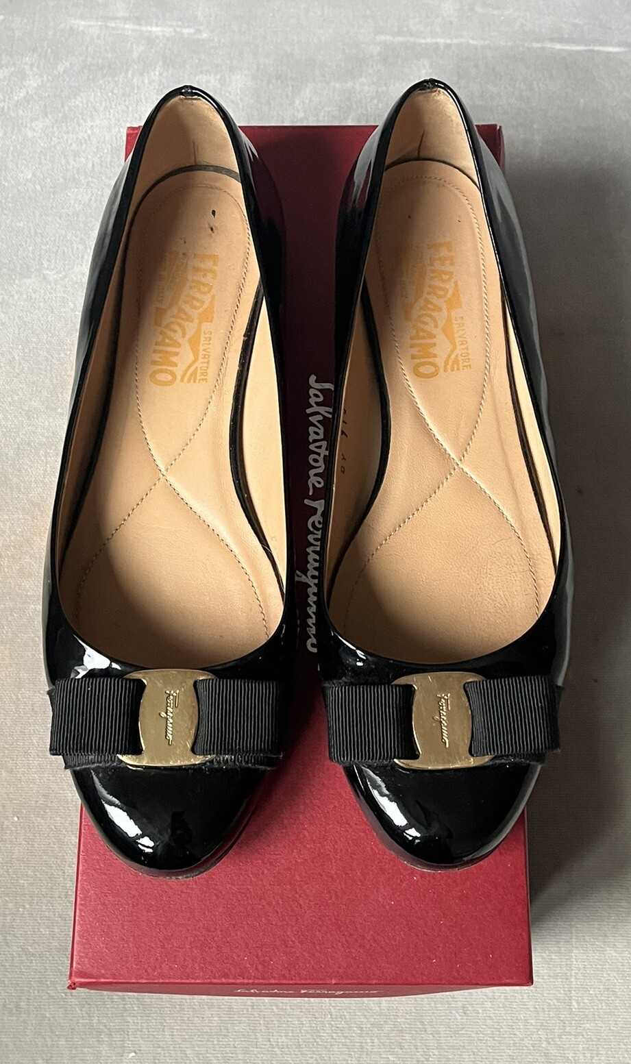 Salvatore Ferragamo New Black Patent Leather Varina Bow Flats
