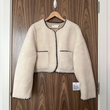ASOS Cream Borg Faux Fur Fluffy Contrast Stitch Pockets Cropped Jacket L NEW