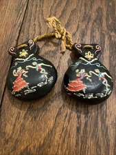 Vintage Set Of Hand painted Black Wooden Castanets 3”