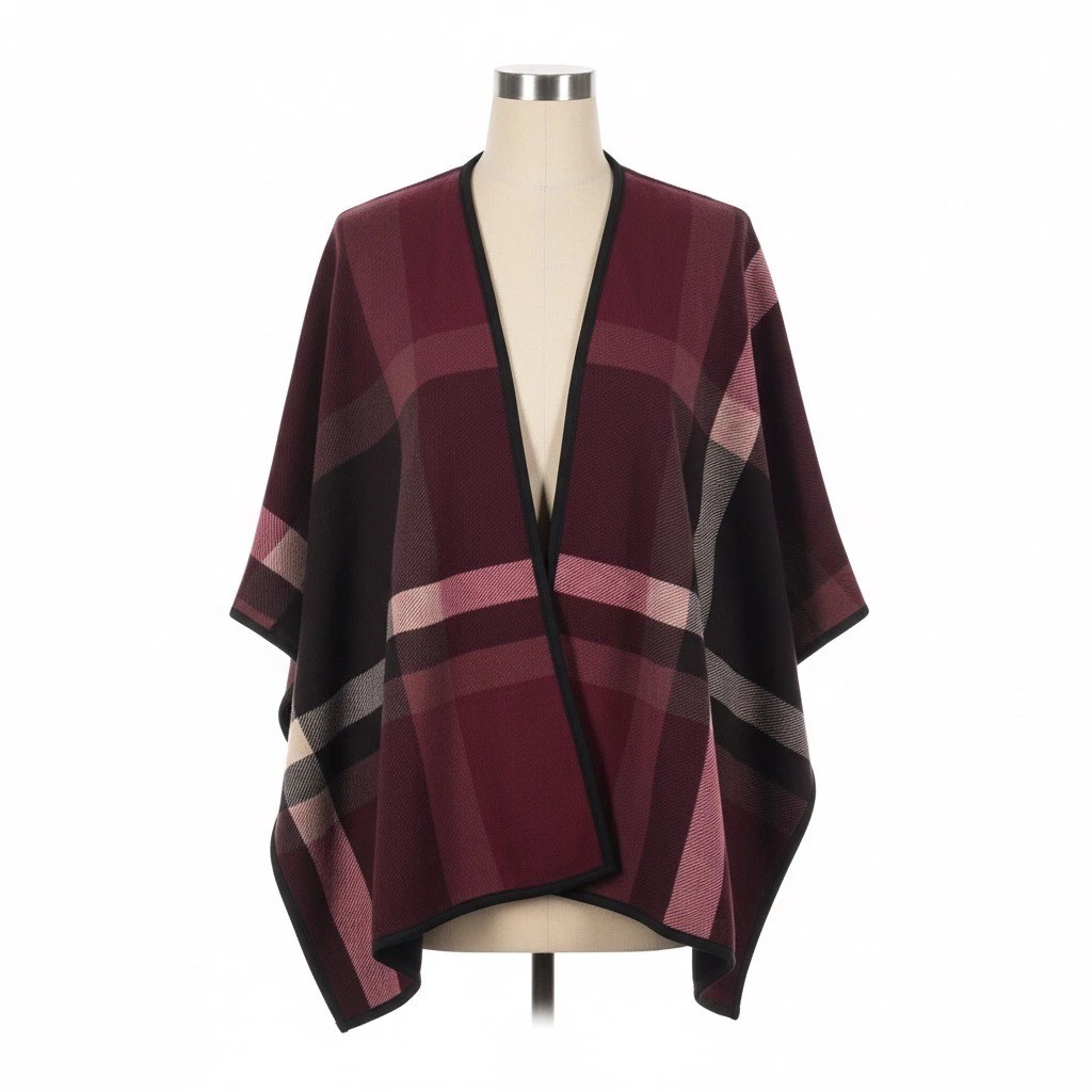 Denim & Co Plaid Cape Poncho Wrap M/L Burgundy Check Blanket Scarf Fall Layering