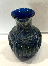 Jarrón de vidrio artístico de frita azul cobalto Dugan * Pompeya * Lados pellizcados * Remolino