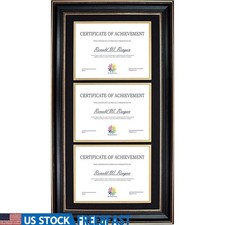 14x29 Triple Diploma Frame Hold Three 8.5x11 Certificates W/ Black Over Gold Mat