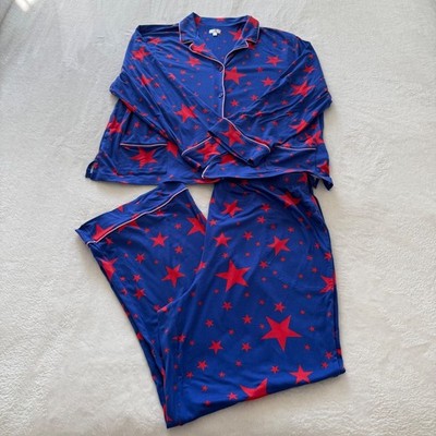 BeautySleep Social Womens 3X Pajama Set Blue Red Star Print Long Sleeve Plus