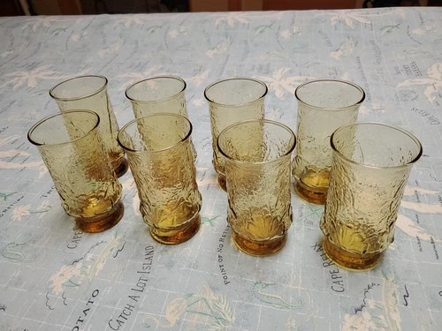 Set of 8 Vintage Anchor Hocking Rainflower Amber 16oz Tumblers Mid-Century Glass