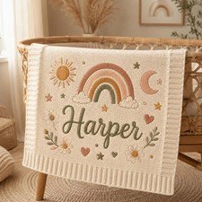 Personalized Rainbow Knit Baby Blanket Custom Boho Floral Girl Keepsake