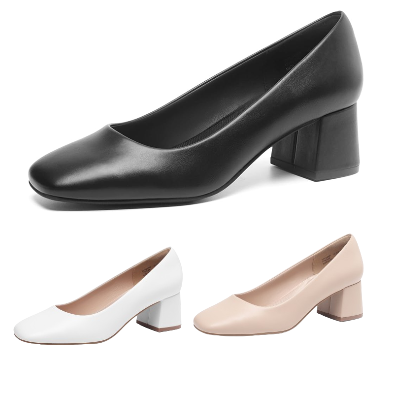 Women Low Chunky Block Heel Square Close Toe Slip On Office Work