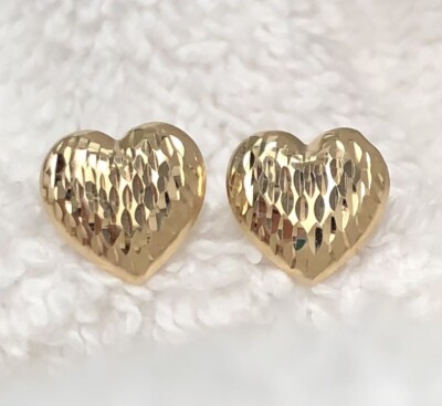 14K Yellow Gold Textured Diamond Cut Heart Stud Earrings 10mm
