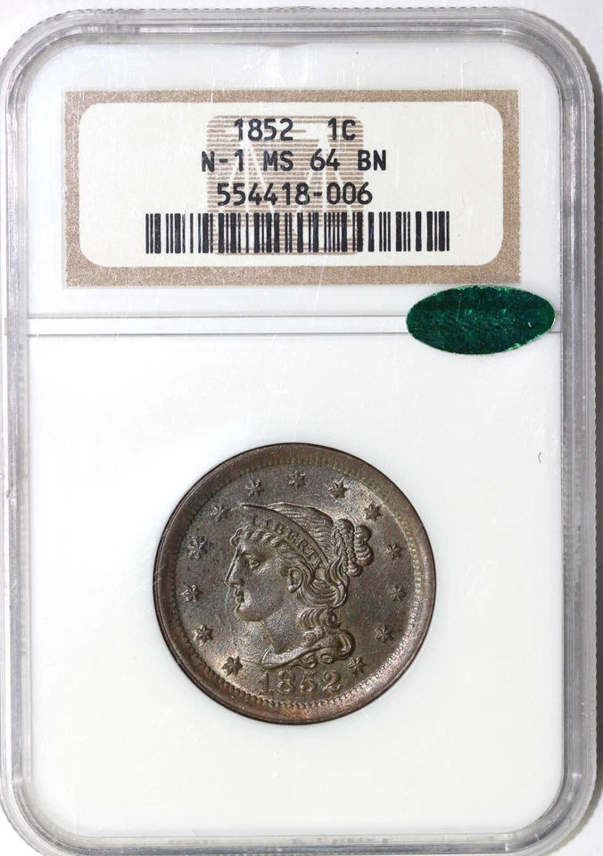 1852 1c N-1 Braided Hair Large Cent NGC and CAC MS 64 BN - Image 3 of 4