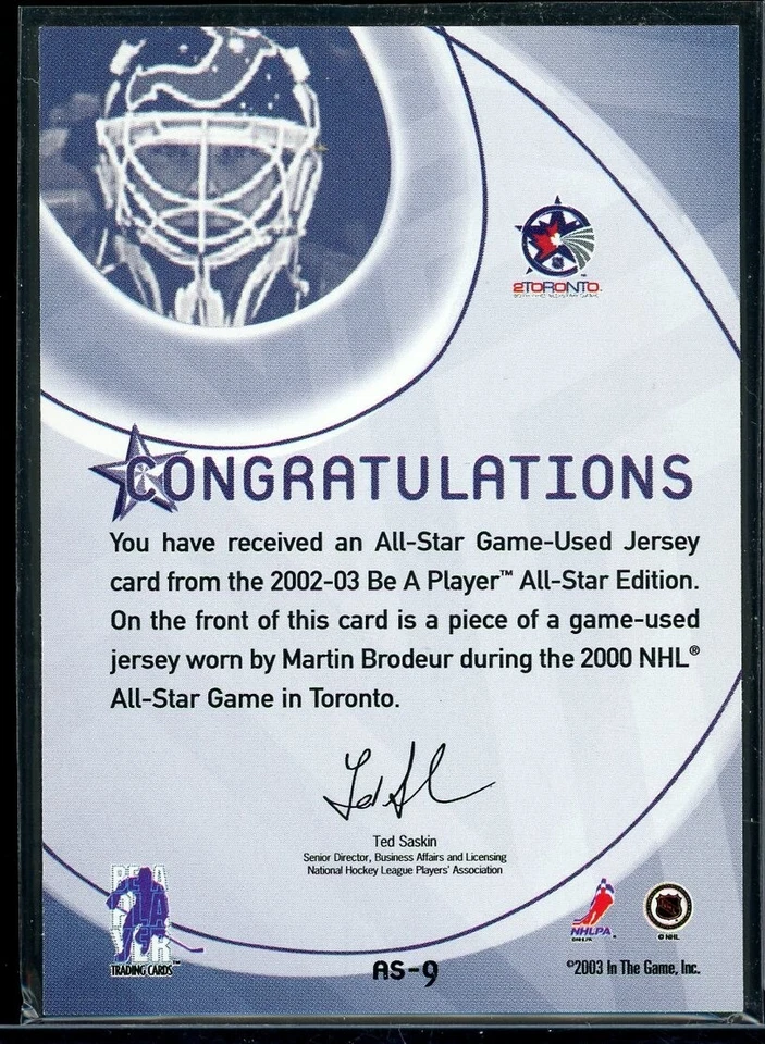 2002-03 BAP All-Star Edition Jerseys #9 Martin Brodeur ***/100 - Image 2 of 2
