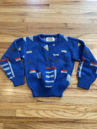 VTG Barrel Youth Blue Geometric Acrylic Crew Neck Long Sleeve Sweater USA Size 6
