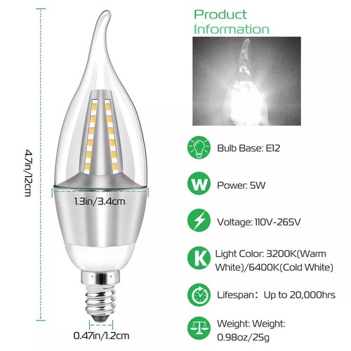 4Pcs LED Candelabra Bulb 5W 50W Replacement E12 Base 110V 3000K -6500K Warm/Cold - Picture 2 of 10