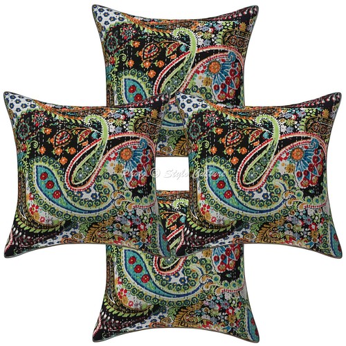 Fodera Per Cuscino Quadrata Kantha 40x40 Cm Turchese - Ricamo Tradizionale Indiano In Cotone - 3