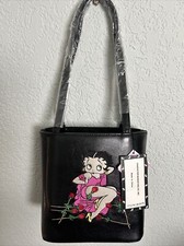 Classic Betty Boop Roses Black Faux Leather Embroidered Med Bucket Handbag NOS