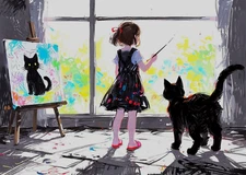 ACEO Mini *Art Print* Little Girl Painting a Black Fluffy Cat by Saulite