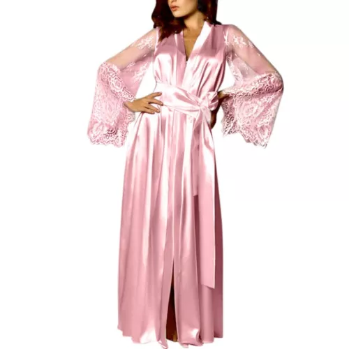 Damen Satin Lang Nachthemd Seide Spitze Dessous Nachthemd Nachtwäsche Sexy Morgenmantel - Bild 4 von 30