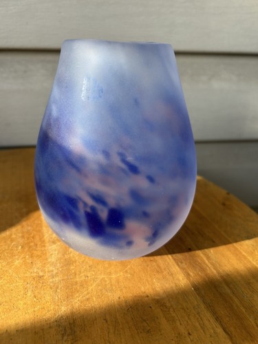 Frosted Blue Pink Speckled Swirl Heavy Studio Art Glass Bud Vase 5.5" Signed