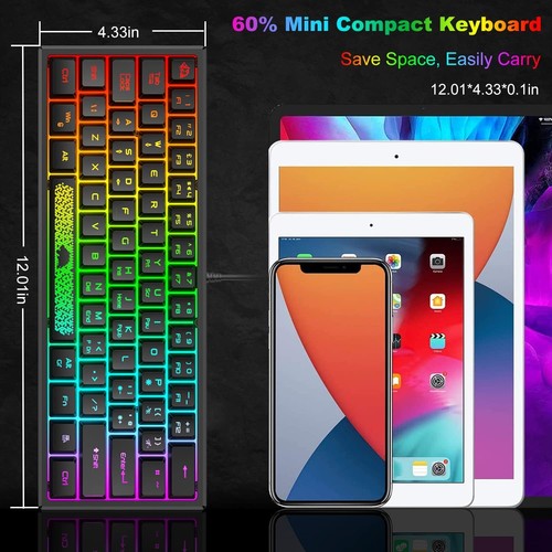 60% Wired Compact Gaming Keyboard, RGB LED Backlit Mechanical Feel For PC Laptop - Picture 5 of 37