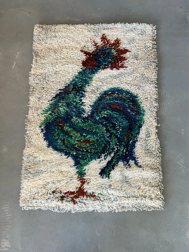 20 世纪 60 年代 AIDA Rooster Cock Off 白色未使用 中世纪 Rya 地毯现代羊毛 — 第 2/4 张图片