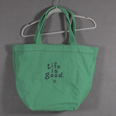 Life Is GoodTote Bag Canvas Green Embroidered Flower Pocket Travel 18x15