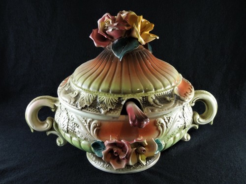 Antike Capodimonte große bedeckte Tureen Schüssel Rokoko Suppe Schüssel Deckel Griffe EUC - Bild 3 von 12