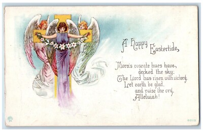 c1910's Happy Easter Holy Cross Angels White Lily Flowers Antique Postcard