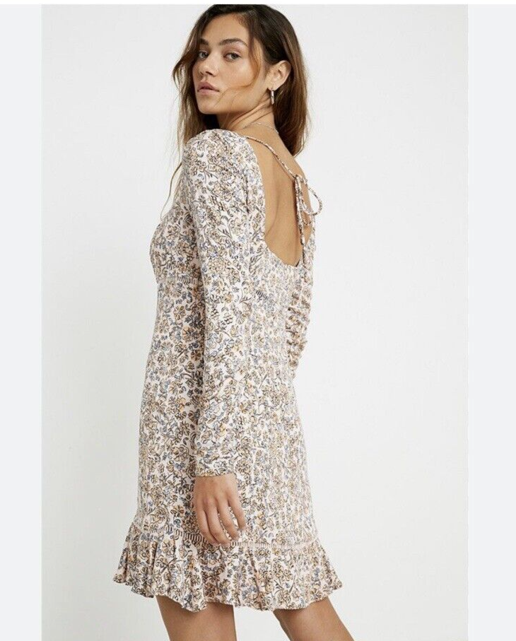 Free People Dress Boheme Mini Boho Cottage Floral Ruffle Neutral  Renaissance 12