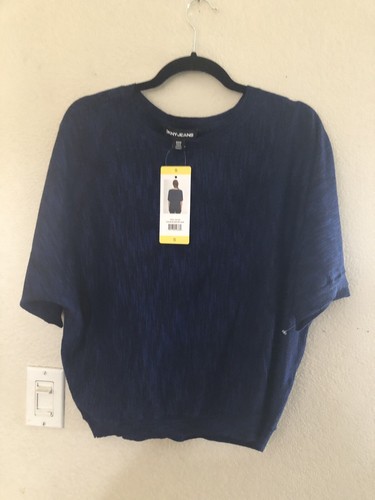 NWT DKNY Women's Marbled Knit Short Sleeve Sweater, Electric Blue, Small