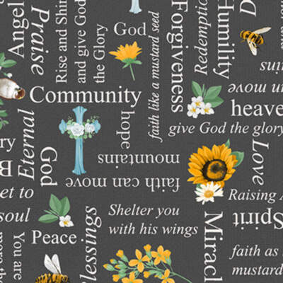 Love Never Fails Digital Words, Flowers, and Crosses Cotton Fabric