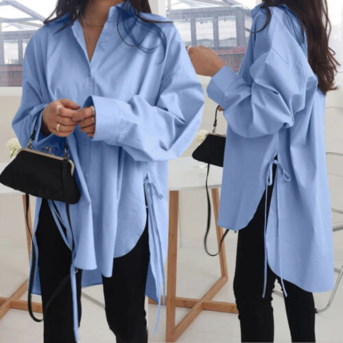 Womens Oversized V Neck Full Sleeve OL Office Ladies Baggy Tops Shirt Blouse UK - Picture 1 of 14