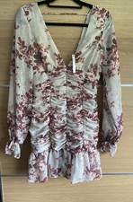 Asos Sz 10 V neck Floral Rouched Mini Dress Long Sleeves Red Cream Autumnal BD1