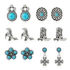 Western Earrings for Women Boho Turquoise Stud Earring Set Rodeo Cowboy Blue4