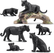7PCS Black Panthers Figurines with Panther Cub and Tree Trunk, Realistic Jungle