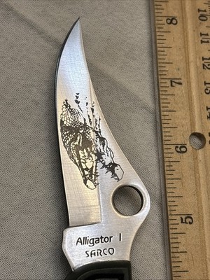 Rare  Sarco Alligator Engraved  Green Knife Surgical Steel Mint Condition
