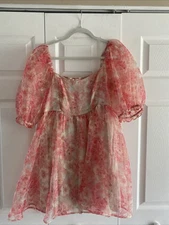 Audrey Parks Womens Medium Pink Floral Coquette Mini Babydoll Dress Ethereal