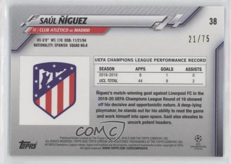 2019-20 Topps Chrome UCL Sapphire Edition Green Refractor /75 Saul Niguez #38 - Image 2 of 2