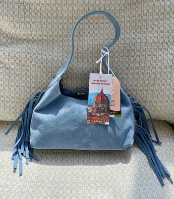 ISADORA Suede Leather Fringe Boho Shoulder Bag NWT Blue