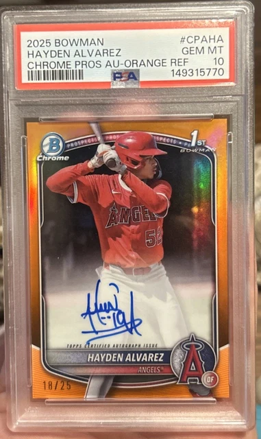 2025 Bowman Hayden Alvarez Chrome Auto Orange Refractor 1st #/25 Angels PSA 10