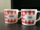 Vintage Milk Glass Mugs Red Gingham Plaid Set of 2 Fire King Glasbake Style