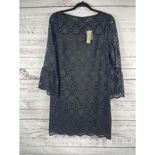J Crew Dress Women's SZ 4 Black Floral Eyelet Lace Bell Sleeve Shift Knee Length