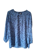 Simply Styled Blouse Top Shirt Women's Size Medium Blue Black Floral Keyhole