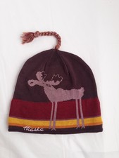 'Alaska' Moose Beanie Fleece Lined Unisex Braid Tassel Purple /Brown OS