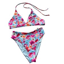 Victoria's Secret Floral Bikini Set High Waist Swimsuit Medium Small Blue Pink