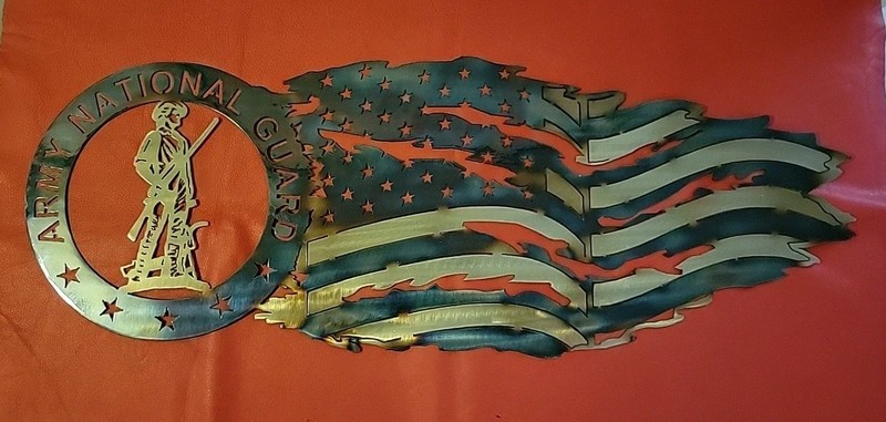 Knights Welding Army National Guard Tattered Flag Laser Cut Metal Wall Sign 32"