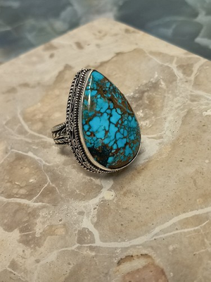 #ad Lg Turquoise Gemstone Handmade Filigree Ring Jewelry US Size 7.5 Silver Plate $18.00