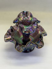 Fenton One Horn Miniature Epergne Diamond Lace Purple Amethyst Carnival Glass